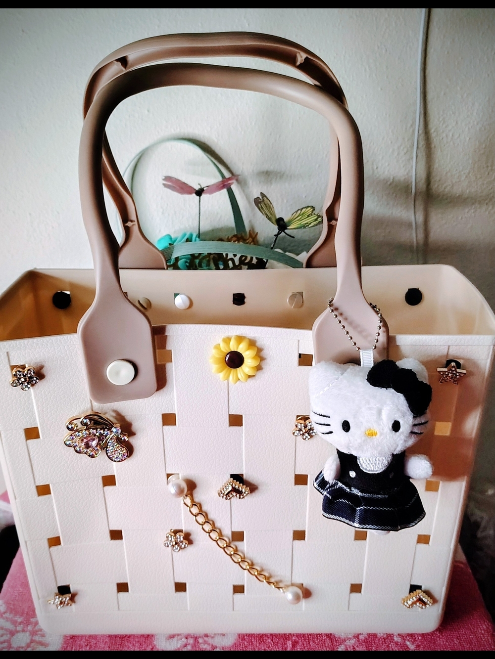 Cute Cream Tote Bag with Hello Kitty Charm